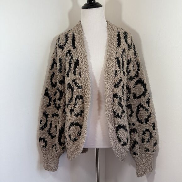 Rachel Zoe Leopard Print Cardigan S Open Front Sweater Jacket L Black Taupe - Picture 2 of 11